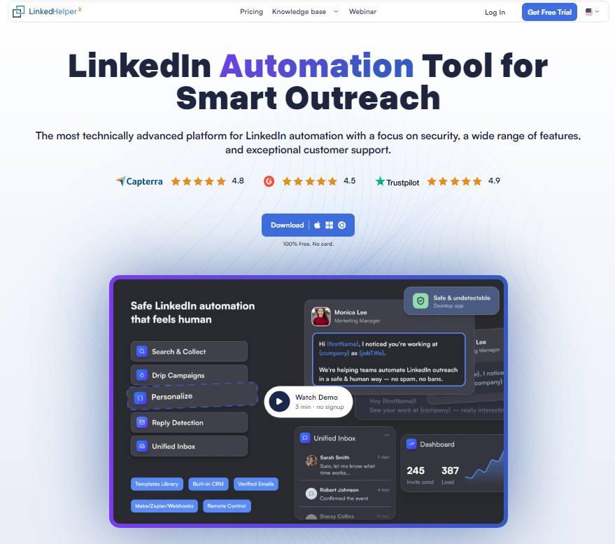 Linked Helper interface — LinkedIn automation dashboard showing campaign builder, unified inbox, and dashboard metrics