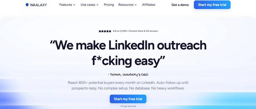 Waalaxy homepage — LinkedIn outreach tool with 4.8/5 rating on 2000+ Chrome Store and G2 reviews